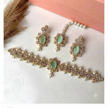 Luxury Twisted Pearl Bridal Choker Set with Sage Meenakari & Polki Kundan