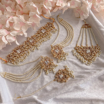 Luxury Twisted Pearl Bridal Choker Set with Sage Meenakari & Polki Kundan